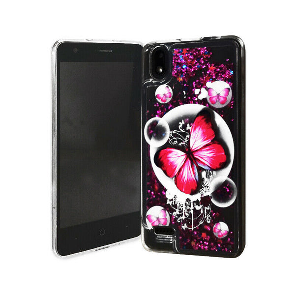 For ZTE Avid 559 Liquid Glitter Motion Case Phone Cover - Pink Butterfly