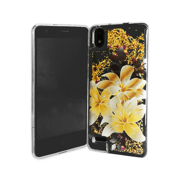 For ZTE Z1 Gabb Wireless Liquid Glitter Motion Case Phone Cover - Yellow Flower