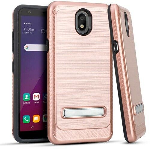For LG Tribute Royal LM-X320PM Slim Lining Hybrid w KickStand Protector Case Phone Cover - RoseGold