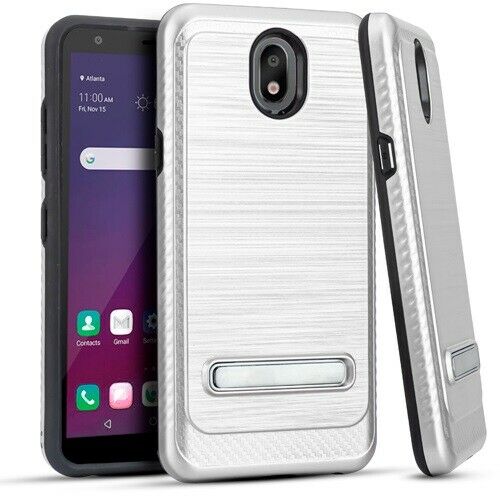For LG Tribute Royal LM-X320PM Slim Lining Hybrid w KickStand Protector Case Phone Cover - Silver