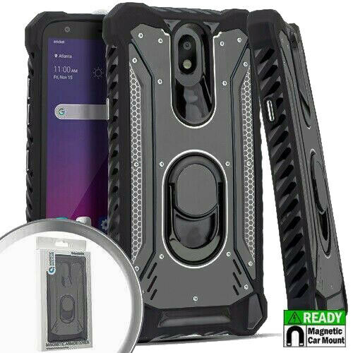 For LG Tribute Royal LM-X320PM Metal Jacket Ring Stand Hybrid Case Phone Cover - Black