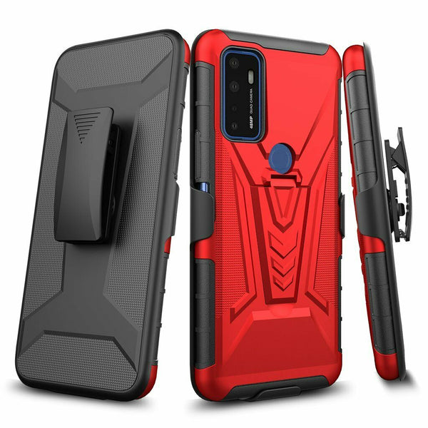 For Cricket Dream 5G Belt Clip Holster + Hybrid Case Phone Cover - Red